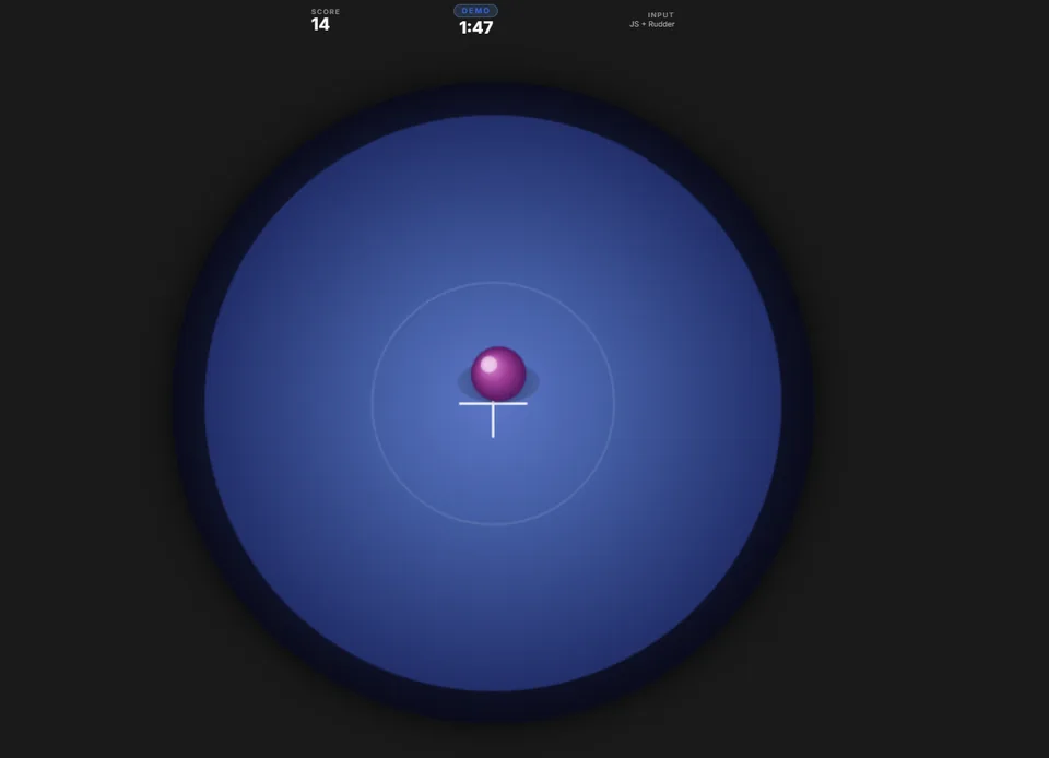 The Dual-Axis Control test in its practice round: a ball near the centre of a round plate, with the score, time left and input shown above